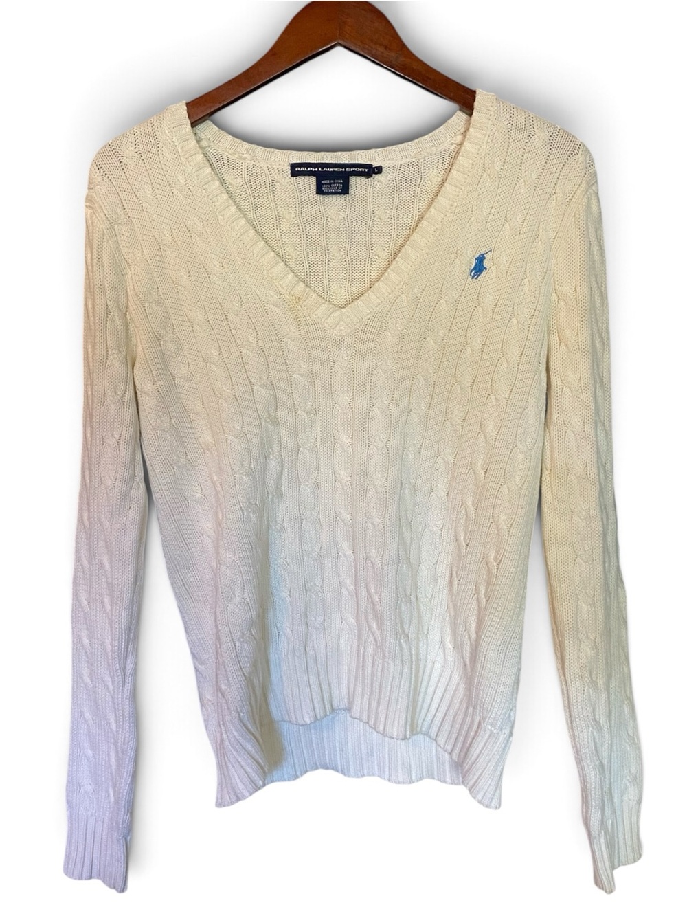 Ralph Lauren Sport Cable Knit V-Neck Sweater White Cotton Womens Large Pony VTG
